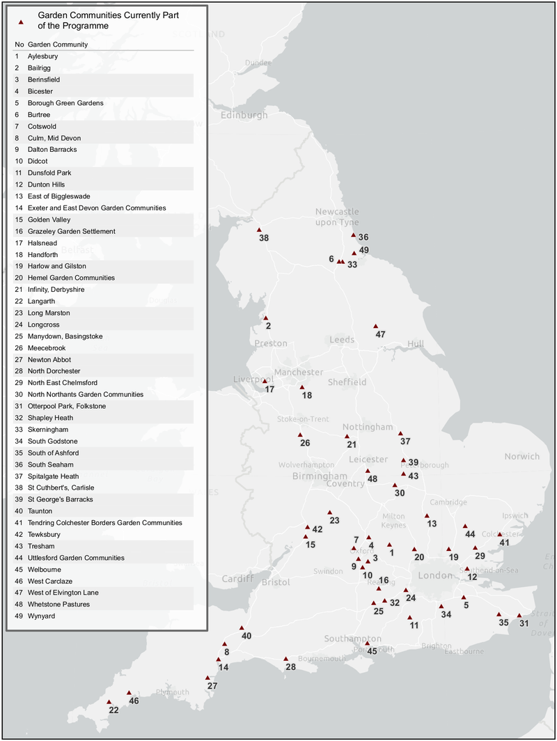 Garden communities programme map, October 2020