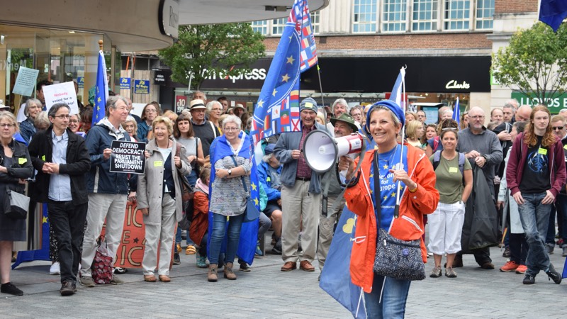 Exeter anti-government protest Devon for Europe speaker