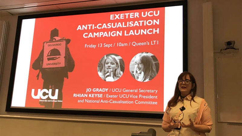 Rhian Keyse speaking at Exeter UCU's anti-casualisation campaign launch