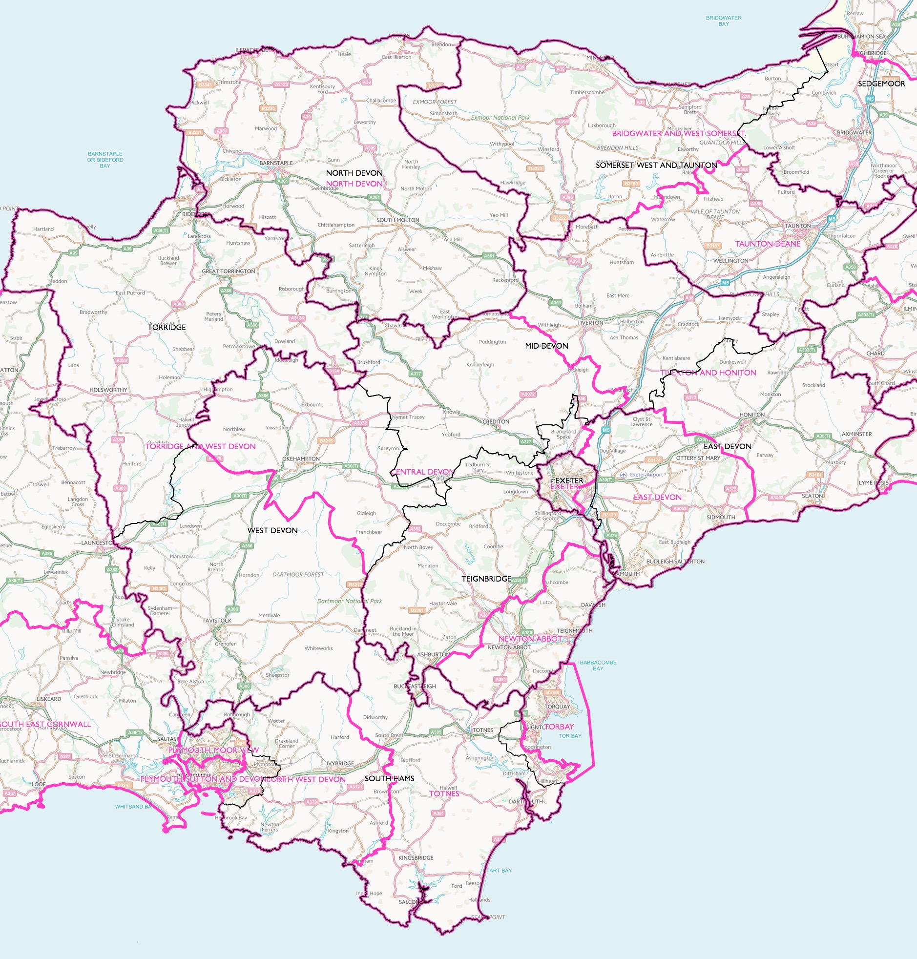Devon parliamentary constituency and district council boundaries map