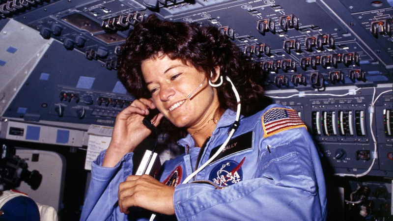 Sally Ride, America's first woman astronaut communicates with ground controllers from the flight deck