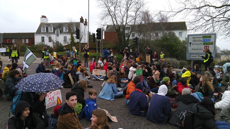 Exeter Youth Strike 4 Climate form roadblock at junction of Magdalen Street, South Street and Western Way