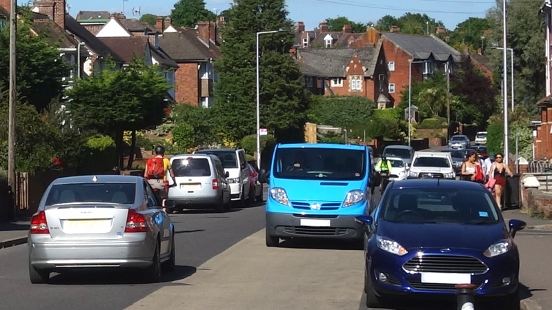 Cyclists, pedestrians and cars compete for space on Union Road, Exeter, 1 June 2020