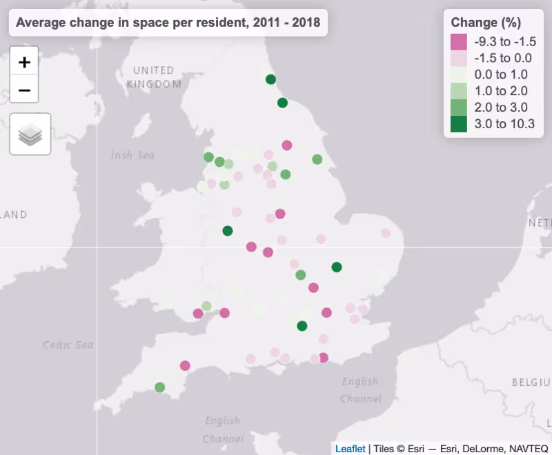 Average change in space per resident 2011-2018 - Centre for Cities map