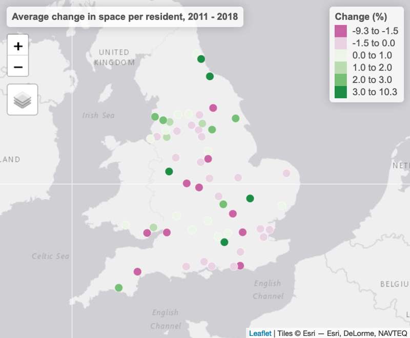 Average change in space per resident 2011-2018 - Centre for Cities map