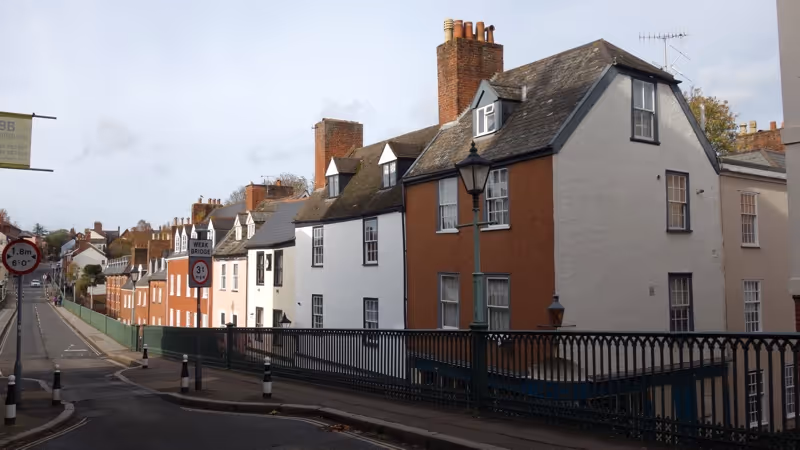 Historic buildings on Lower North Street overlooking Iron Bridge