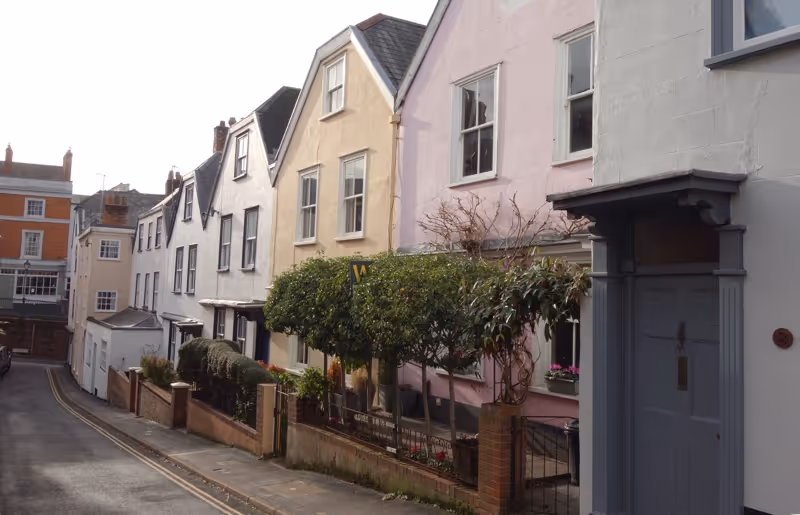 Historic buildings on Northernhay Street looking towards City Gate Hotel