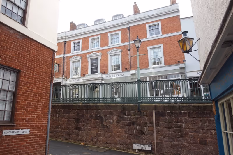 Historic City Gate Hotel and Iron Bridge from Northernhay Street