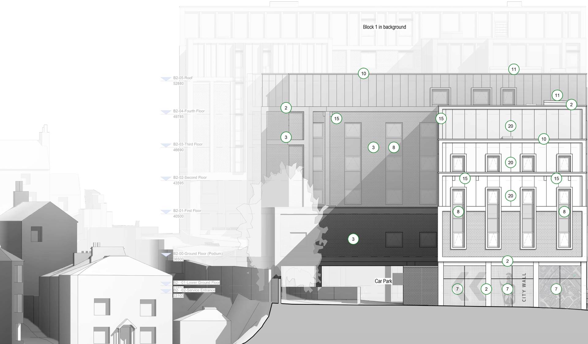 Harlequins co-living and hotel block elevations compared with Northernhay Street housing