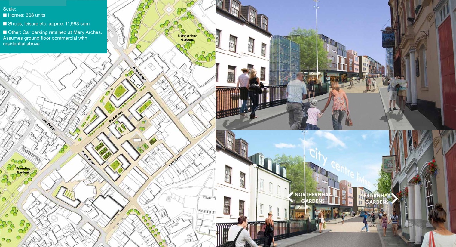 Liveable Exeter North Gate redevelopment vision with North Street illustration and City Centre Vision for a Green Capital illustration