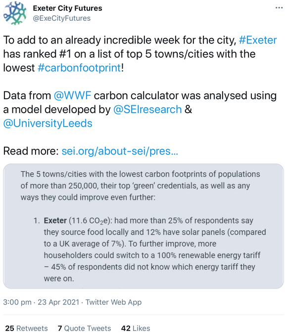Exeter City Futures carbon footprint claim tweet