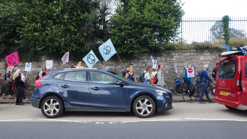 Topsham Road protest march with cars