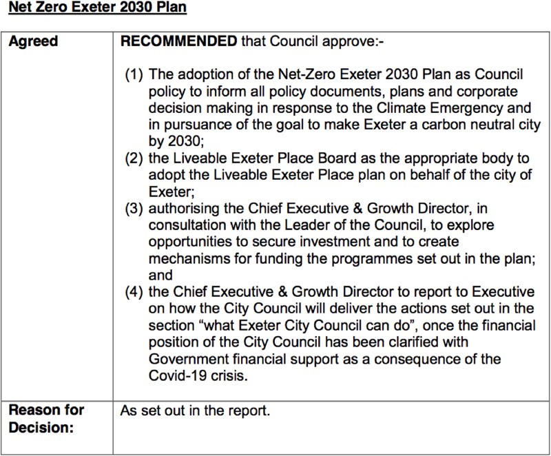 Exeter City Council Executive Net Zero Exeter 2030 plan decision