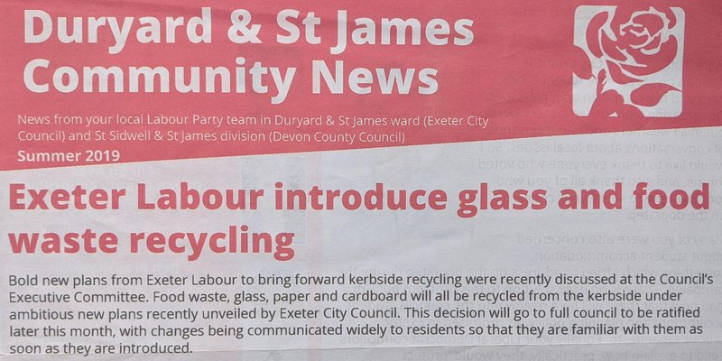 Exeter Labour summer 2019 campaign leaflet cutting with food and glass waste recycling headline