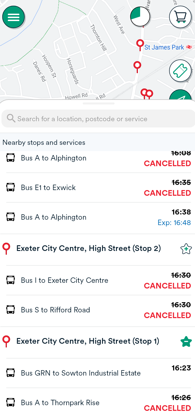 Stagecoach app showing Exeter bus service delays and cancellations