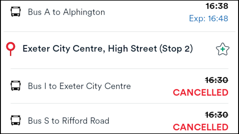 Stagecoach app showing Exeter bus service delays and cancellations
