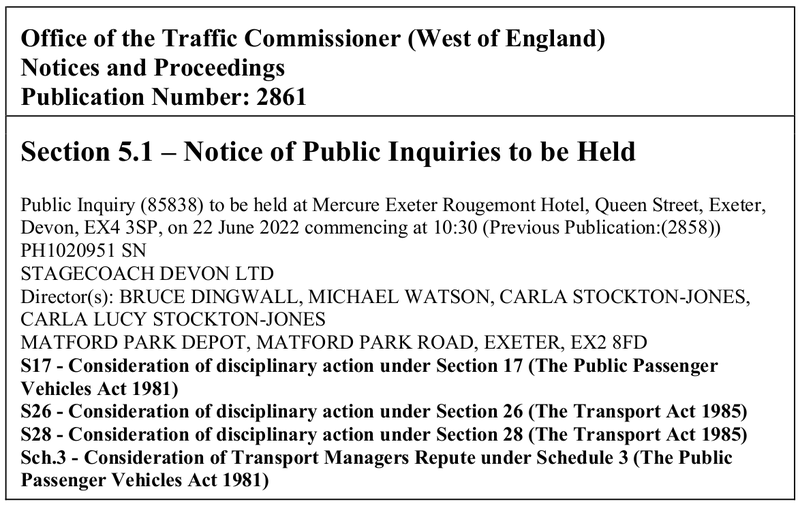 West of England Traffic Commissioner Stagecoach Devon public inquiry notice