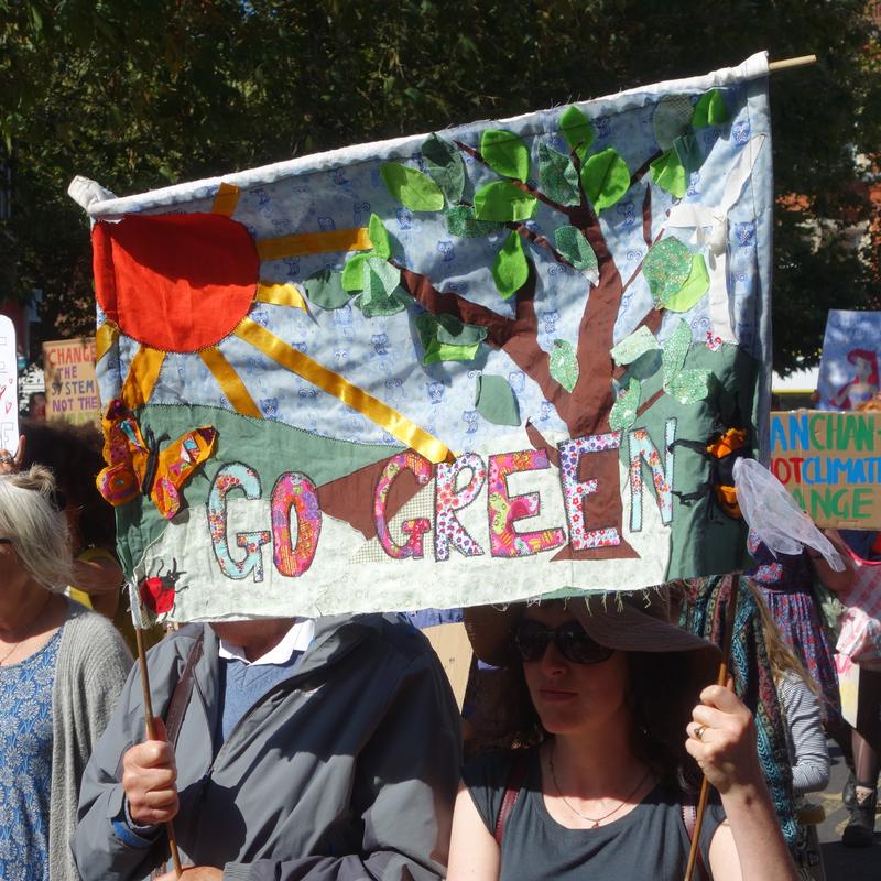 Protestors with banner at September 2019 Exeter climate march