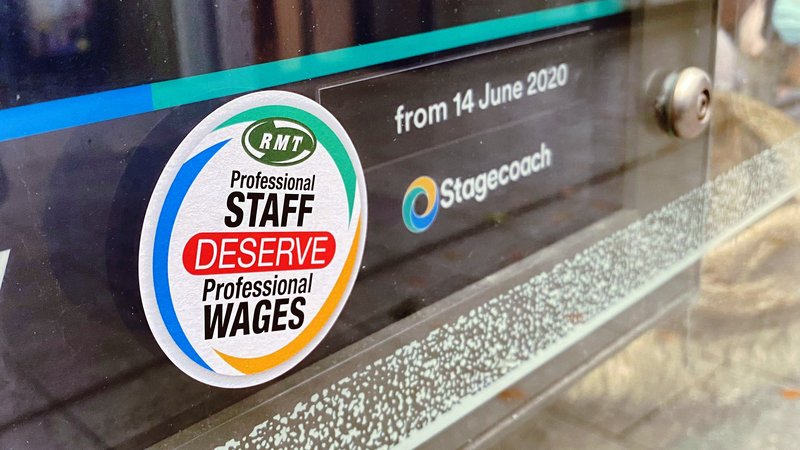 Campaign sticker on Exeter bus shelter during 2021 Stagecoach strike over pay and working conditions