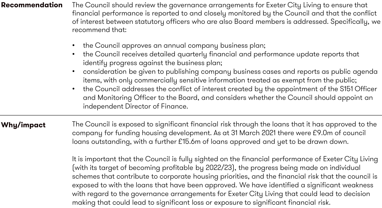 Exeter City Council 2020-21 external audit report key recommendation