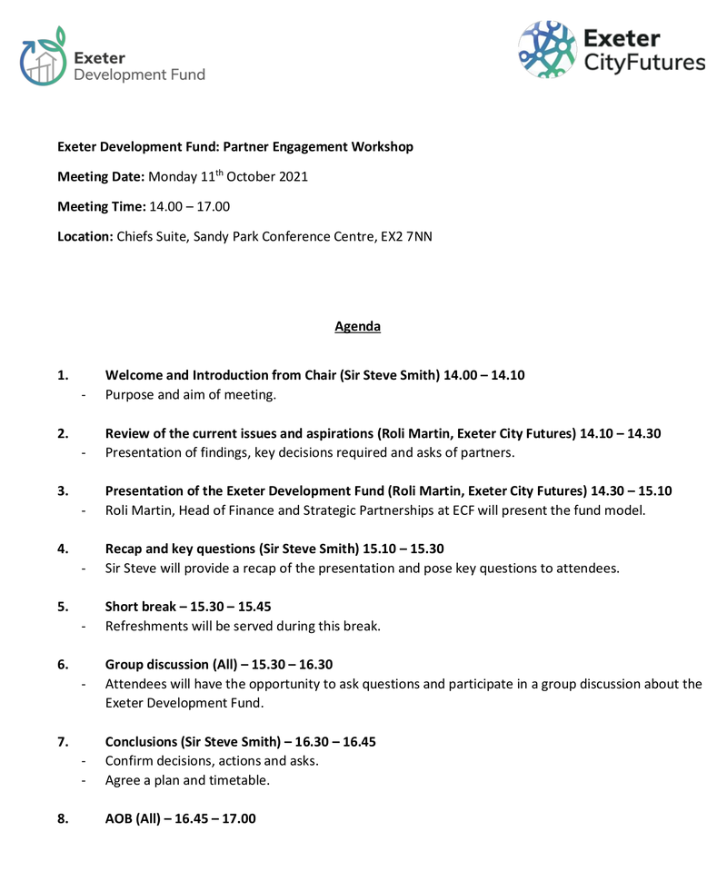Exeter Development Fund workshop agenda October 2021