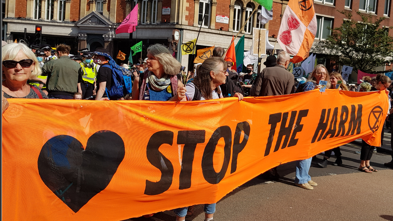Extinction Rebellion Exeter activists at Cambridge Circus in London in 2021