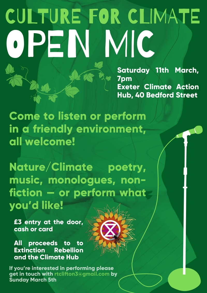 Culture for Climate open mic night Saturday 11 March 2023 Exeter Climate Action Hub