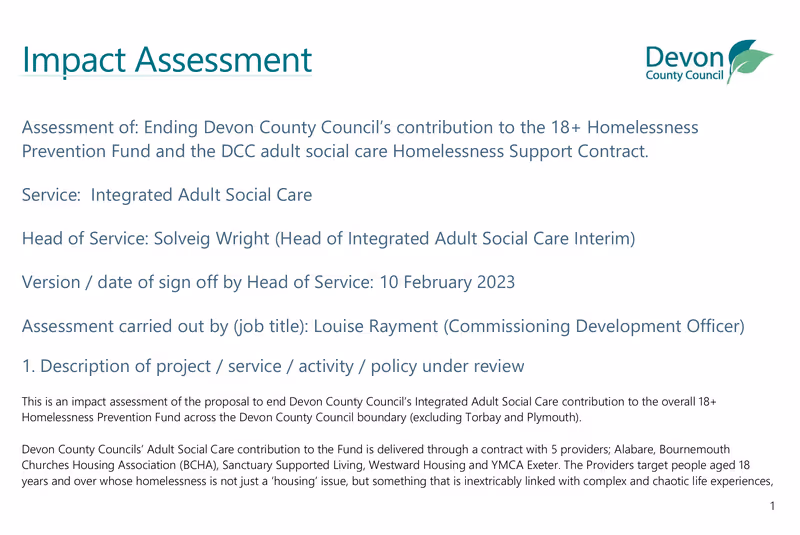 Devon County Council adult homelessness prevention service cuts impact assessment