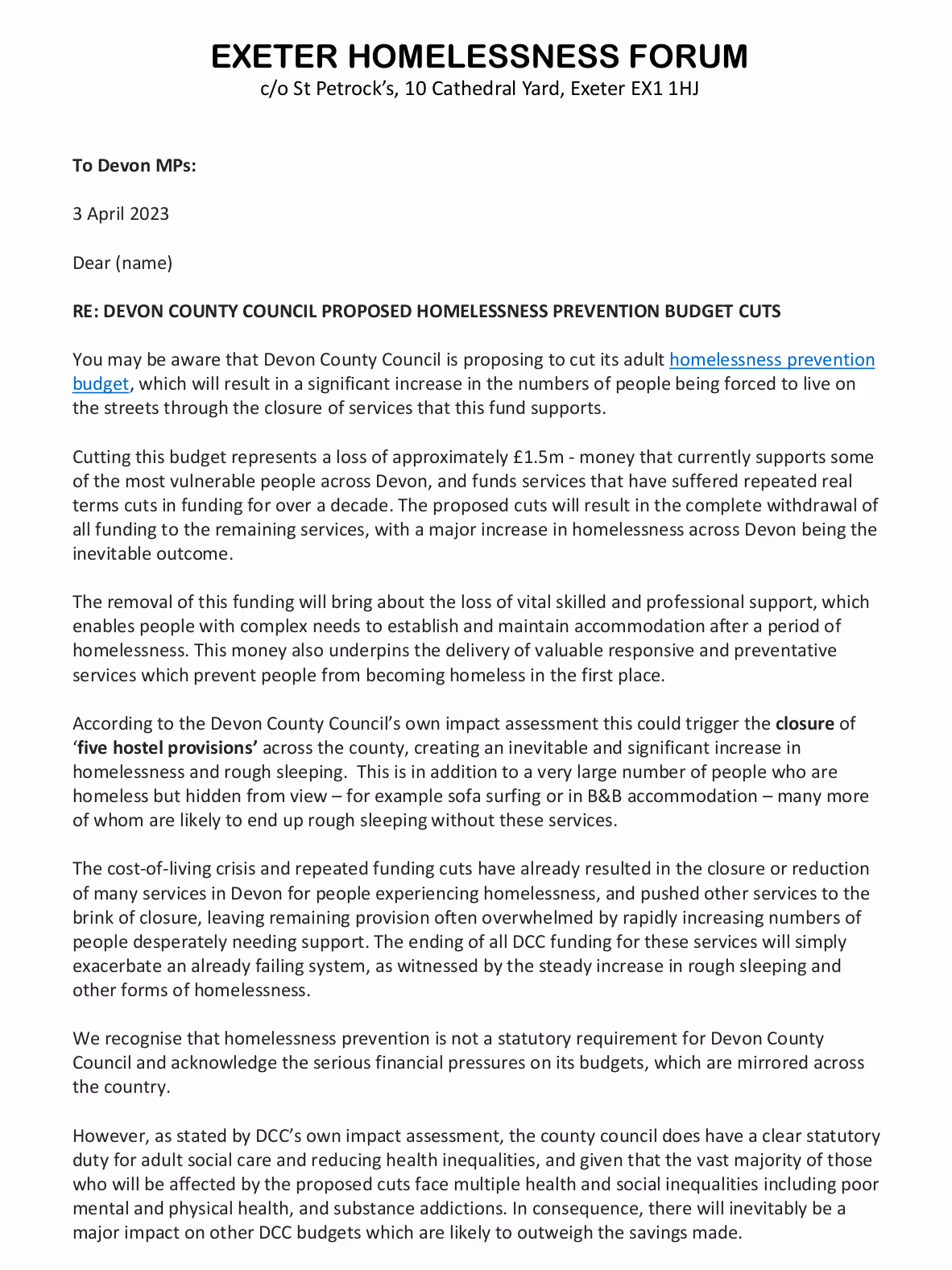 Exeter Homelesseness Forum letter to Devon MPs