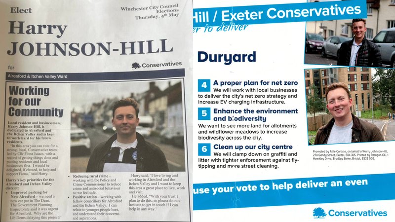 Harry Johnson-Hill Exeter Duryard & St James and Winchester Alresford & Itchen Valley candidate local elections campaign leaflets