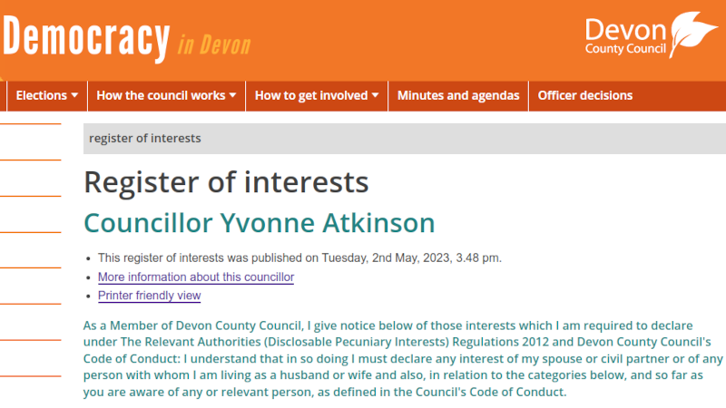 Devon County Council register of interests for Councillor Yvonne Atkinson