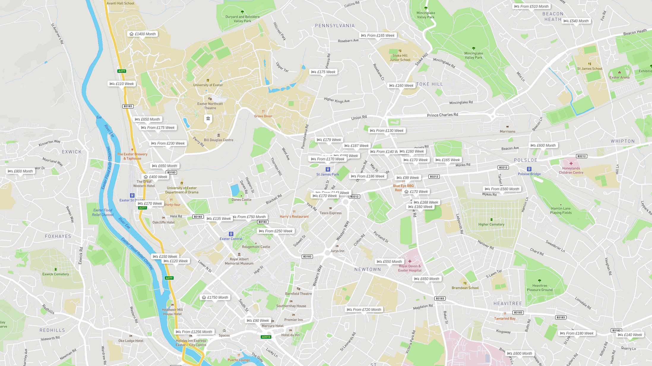 Exeter HMOs to rent via the university in November 2022 map
