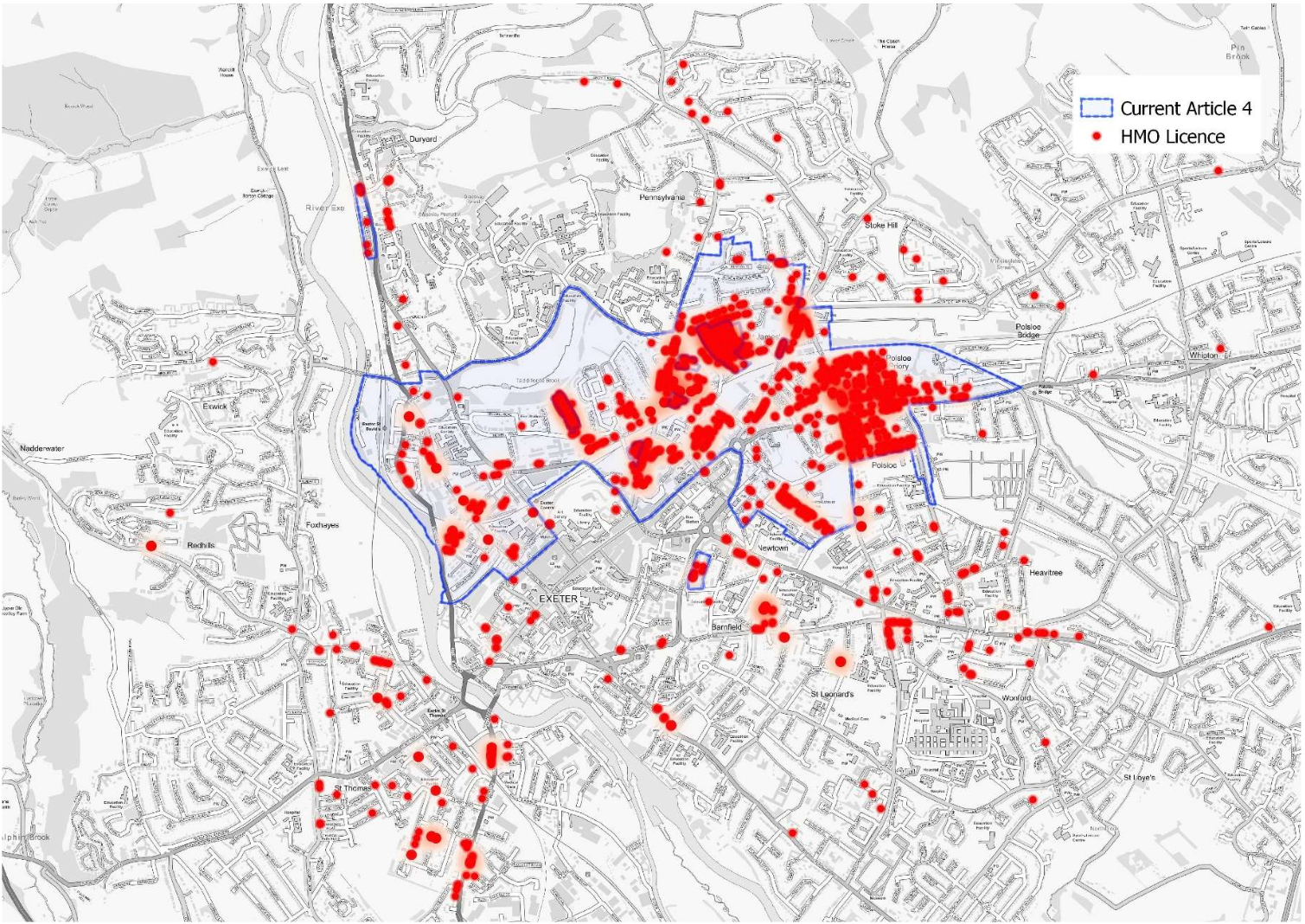 HMO license locations in Exeter city centre