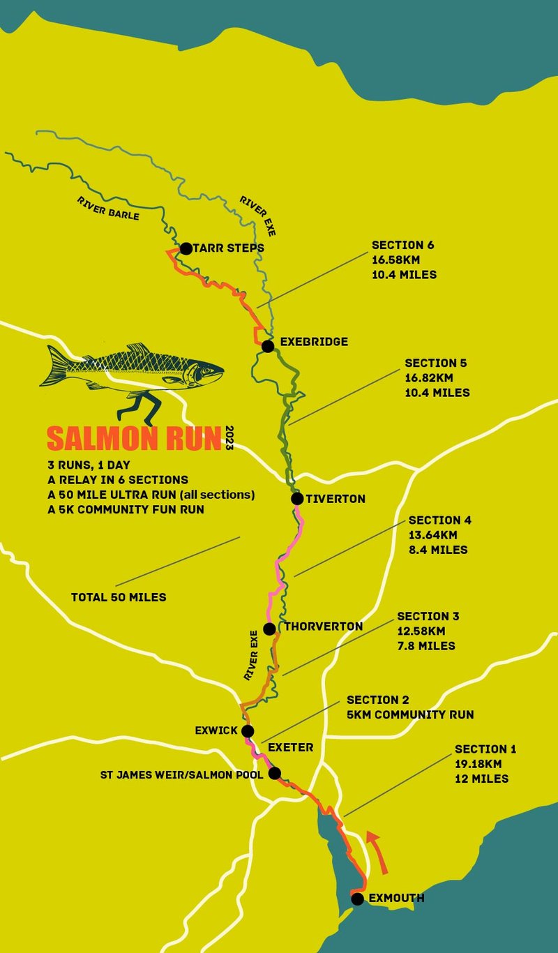 Salmon Run Sunday 24 September 2023 River Exe 50 mile route map