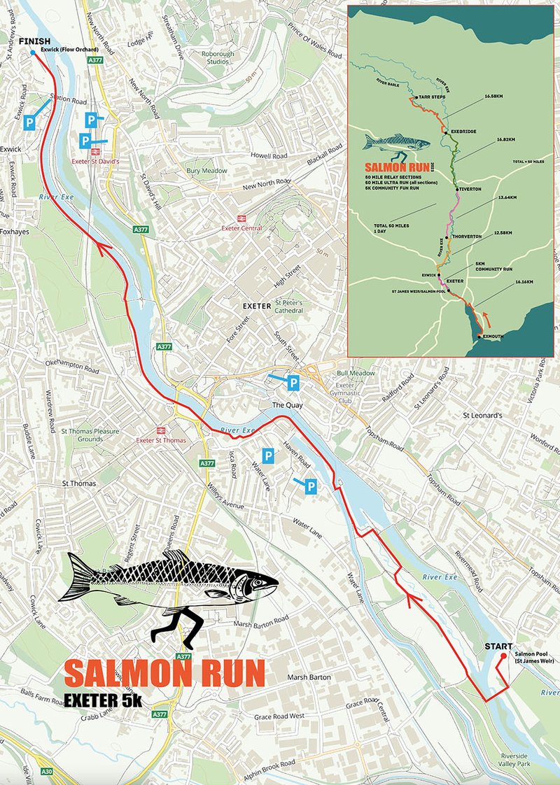 Salmon Run Sunday 24 September 2023 River Exe Exeter 5k route map