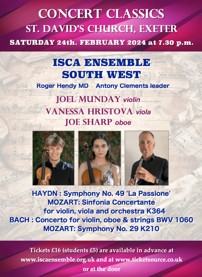 Isca Ensemble chamber music concert Saturday 24 February St David's Church