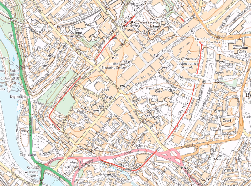 Exeter City Walls scheduled monument map