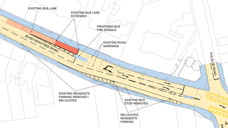 Proposed Heavitree Road bus lane bus priority layout