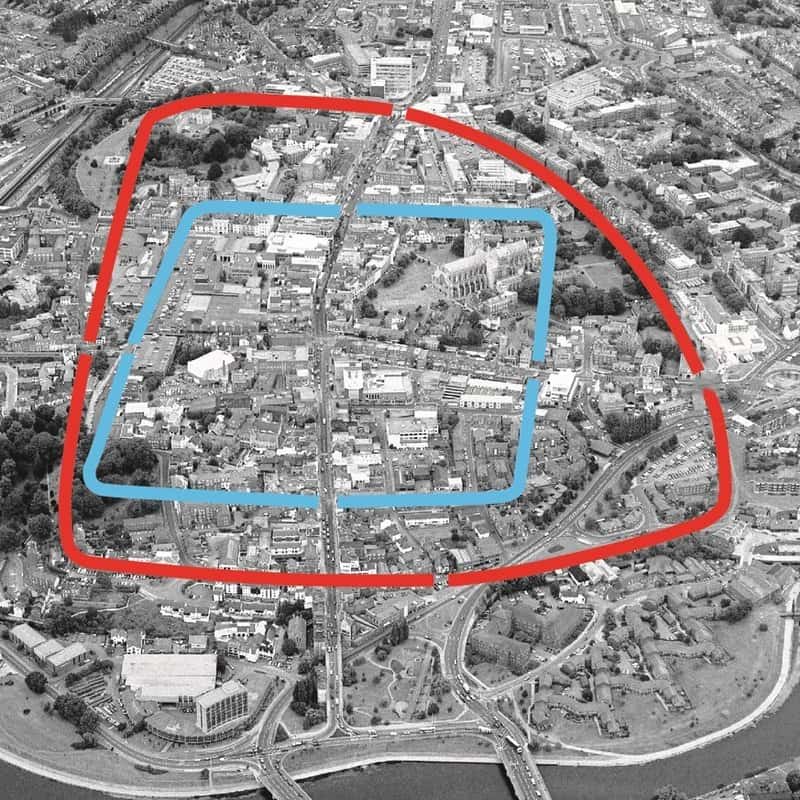 Exeter Roman fortress and city wall outlines