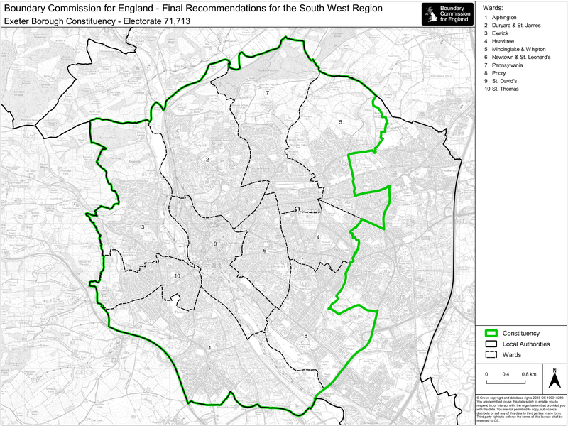 Exeter borough constituency boundary changes map