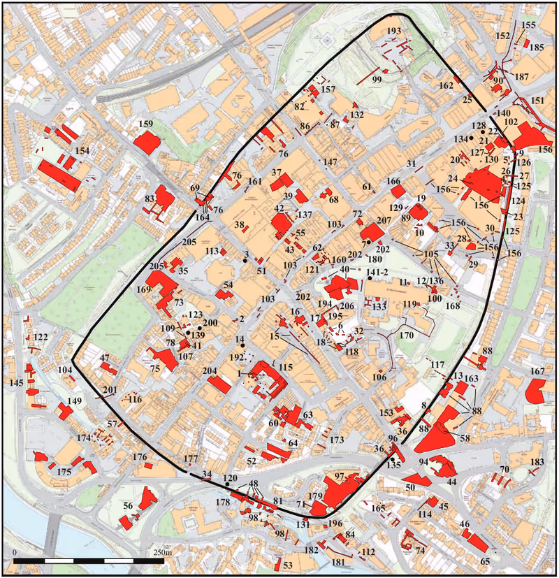 Map of excavations in the historic core of Exeter from Roman and Medieval Exeter and their Hinterlands