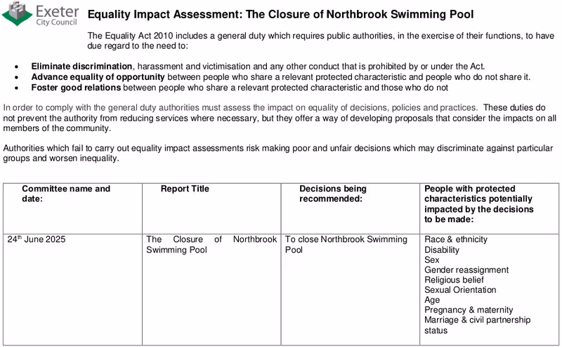 Exeter City Council Northbrook pool closure Equality Impact Assessment