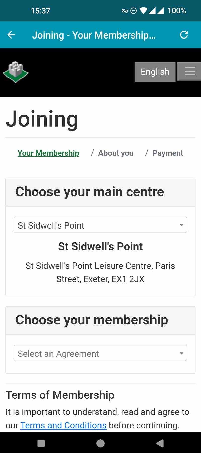 Exeter Leisure app membership form with St Sidwell's Point pre-selected as main leisure centre