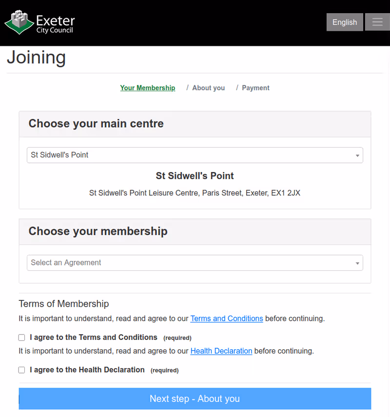 Exeter Leisure online membership form with St Sidwell's Point pre-selected as main leisure centre