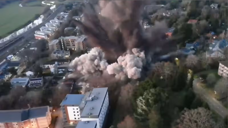 Detonation of 1,100kg unexploded bomb discovered during student accommodation development works beside University of Exeter Streatham campus in February 2021