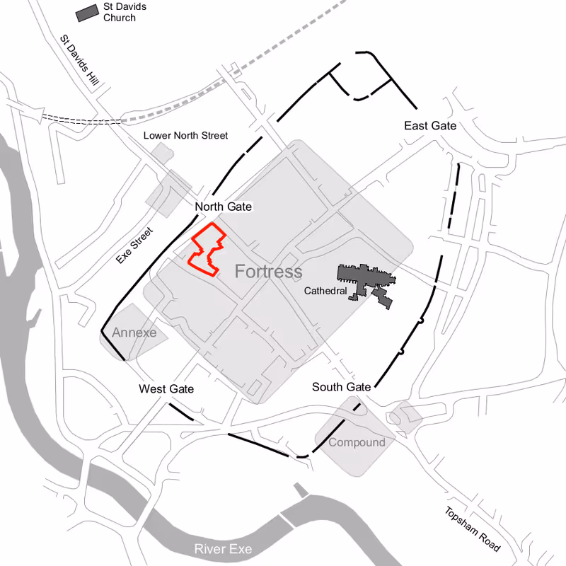 Mary Arches application site in relation to early Roman fortress and later Roman and medieval city wall