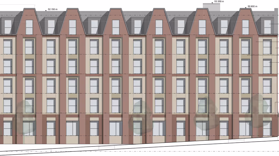 Proposed revised Mary Arches Bartholomew Street East co-living block elevation