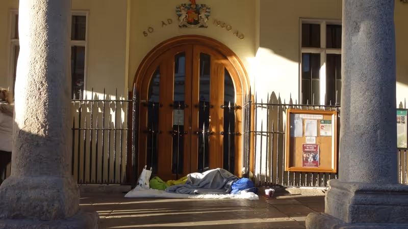 A rough sleeper outside Exeter Guildhall