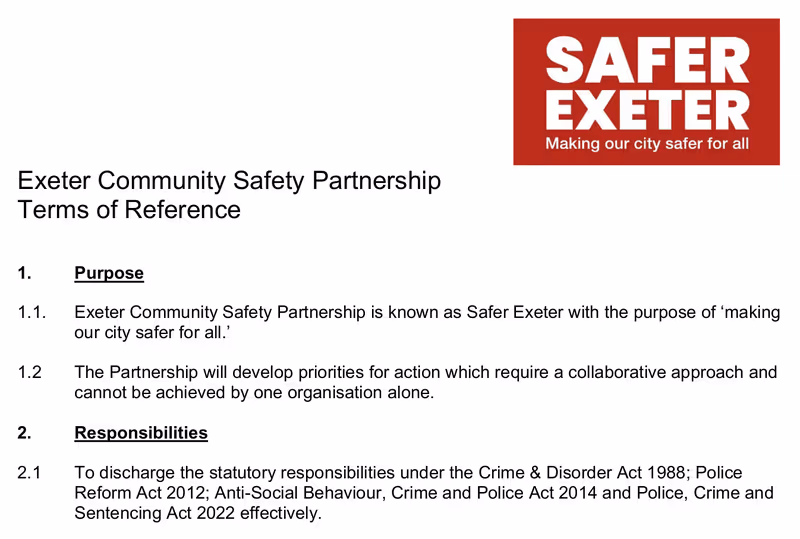 Exeter Community Safety Partnership Terms of Reference and Executive membership, November 2023