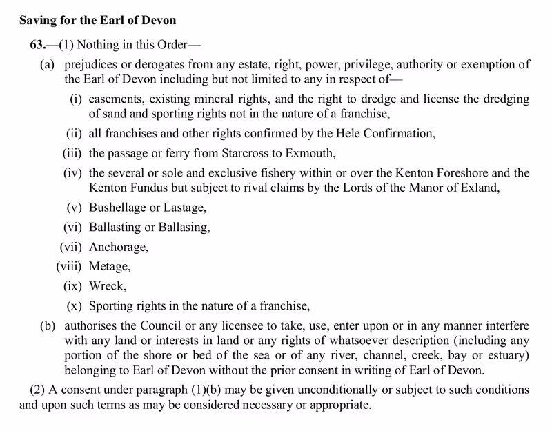 Proposed Port Of Exeter Harbour Revision Order Article 63 - Saving for The Earl of Devon